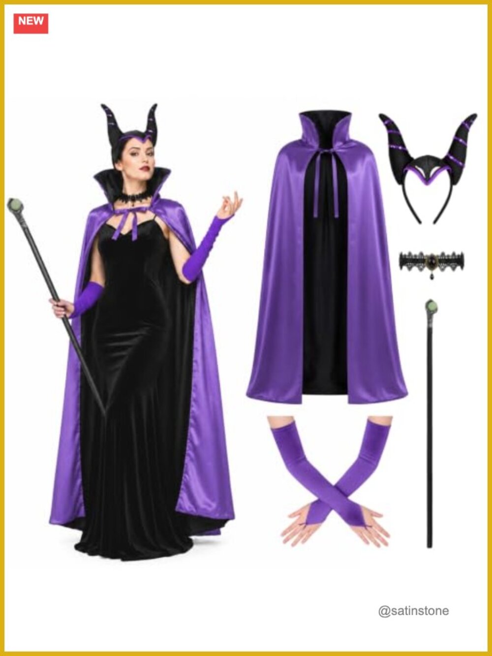 Evil Queen Costume Set Gothic Witch Cape Horns Staff Collar Gloves Halloween